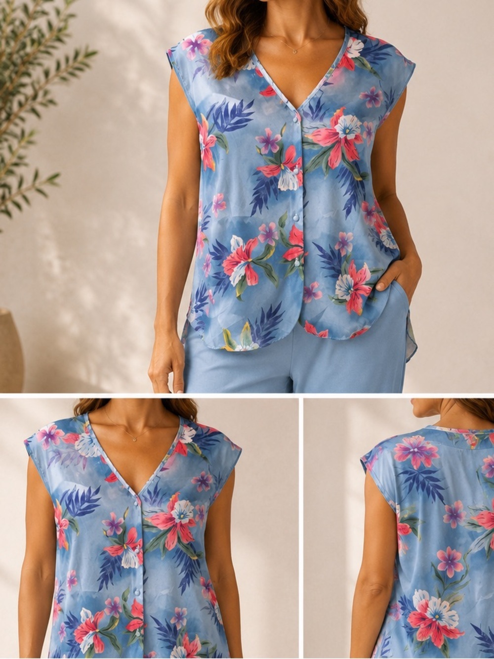 Secret Treasures PJ top Blue Floral Button-Front Sleeveless Top XXL
